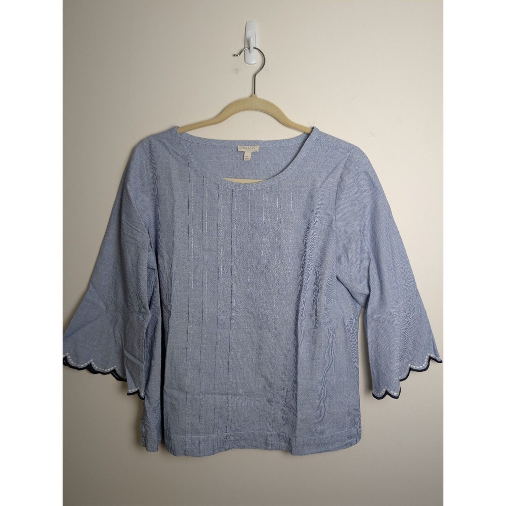 Talbots Blouse Petite Bell Sleeve Top Size MP Blue Pleated Scallop Bell Sleeve